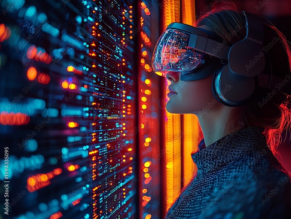 Poster it technician wearing glasses troubleshooting server issues with real time code diagnostics
