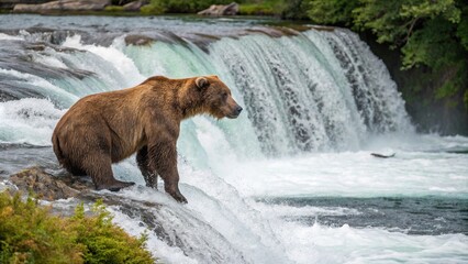 Obraz premium Grizzly bear crouched low to catch salmon in fast flowing river near waterfall muscles tense and ready to strike, brown bear, river, waterfall
