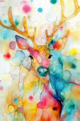 Christmas reindeer, deer, stag, colourful fantasy watercolor ink painting, minimalist psychedelic abstract art