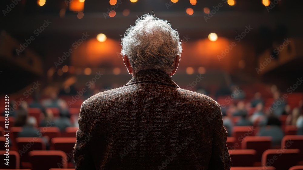 Poster old man enjoys a performance in a theater filled with audience members during an evening event