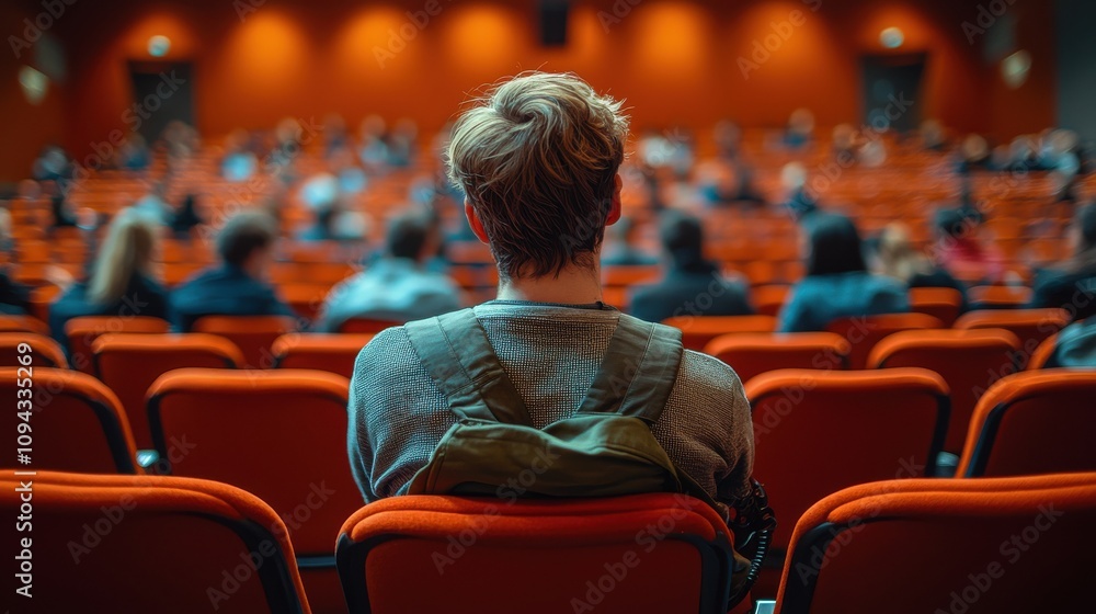 Poster audience member listening attentively during a lecture in a theater-style venue at a university