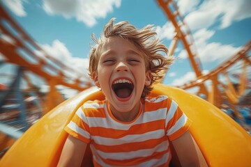 Young boy joyfully screaming on roller coaster ride at amusement park enjoying summer thrill