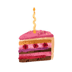 Cake piece, birthday dessert. Cut slice with candle and sweet cream and berry layers. Festive holiday confectionery, b-day pastry. Colored flat vector illustration isolated on white background