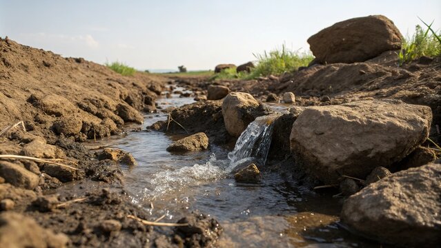 Water seeping into the soil and passing through rocky outcrops, erosion, underground, water table, rock, hydrology