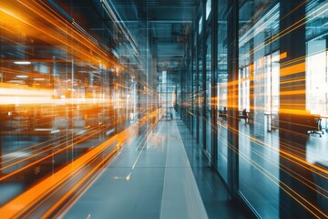 Professional open office space blurred with abstract light effects for dynamic backgrounds.