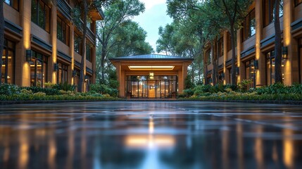 Fototapeta premium Modern architectural courtyard with lush greenery and reflective surfaces during twilight hours