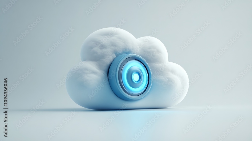 Poster futuristic cloud computing concept with glowing blue target inside a fluffy white cloud.