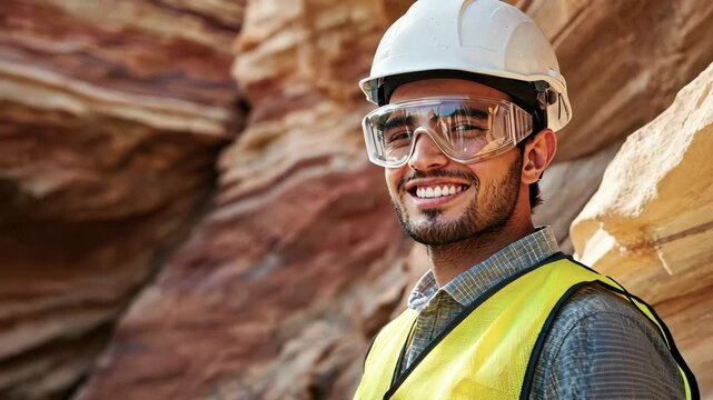Arab Geologist engineer with goggles, helmet, and vest conducting geological surveys in front of Sedimentary Rock formation, ideal for showcasing geological research and earth science education.