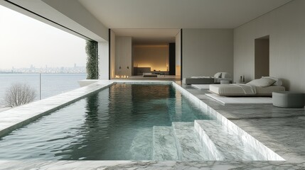 Modern indoor pool with serene views, blending luxury and tranquility.