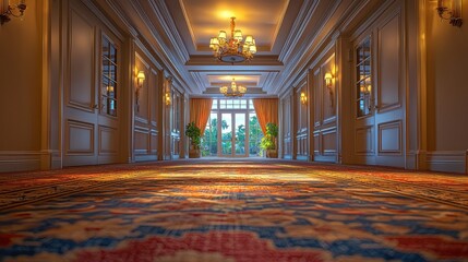 Obraz premium Elegant hallway with ornate decor and natural light overlooking lush greenery in a luxurious setting