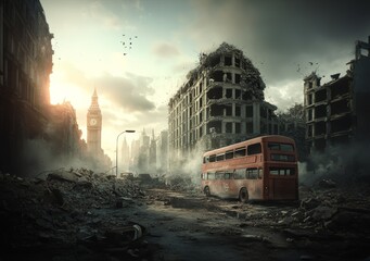 Apocalyptic Urban Landscape with Crumbling Buildings and Vintage Double-Decker Bus in Eerie Atmospheric Setting
