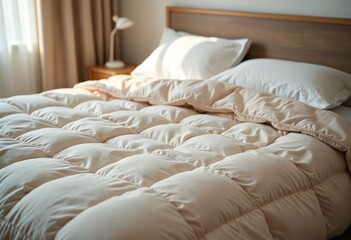 Warm ivory duvet quilt plaid lying on bed in cozy bedroom. Preparing for winter season, household, domestic activities, hotel or home textile