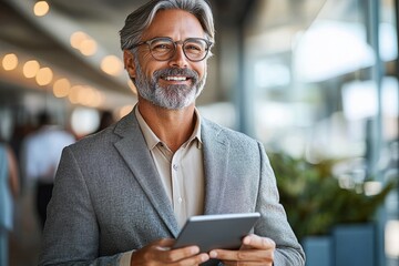Middle aged businessman with gray beard and glasses using tablet in modern office smiling
