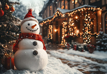 Snowman in winter setting,Christmas background.
