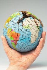 Cracked Earth in hand, environmental fragility, showing human impact on the planet