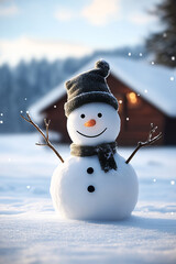 Snowman in winter setting,Christmas background.
