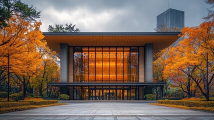Modern architectural masterpiece surrounded by vibrant autumn foliage in a serene urban park