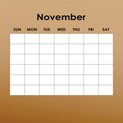 Noveber. Calendar planner. Corporate week. Template layout, 12 months yearly, white background. Simple design for business brochure, flyer, print media, advertisement. Week starts from Monday.