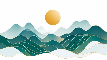 Traditional Chinese green and blue abstract mountain line illustration poster background