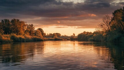 Obraz premium River Bank with Forest and Dramatic Sunset Sky Under Dark Clouds Nature photography Image Isolated Evening Landscape Peaceful Background