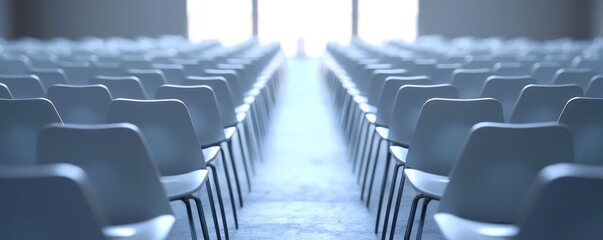 Naklejka premium Conference venue with seating meticulously arranged, ready for participants.