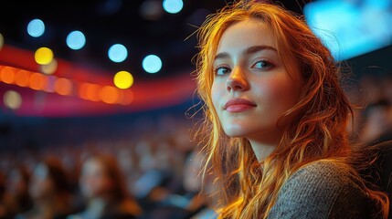 Young woman enjoying a performance in a vibrant theater environment during an evening show