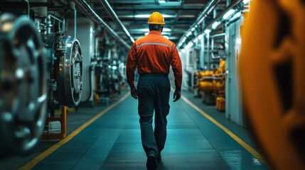 Fototapeta premium Male worker in orange safety gear walking through an industrial facility.