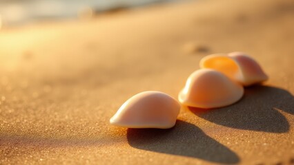 Cowrie shells on golden sand, bathed in warm light and surrounded by soft shadows, creating a chic and contemporary atmosphere.