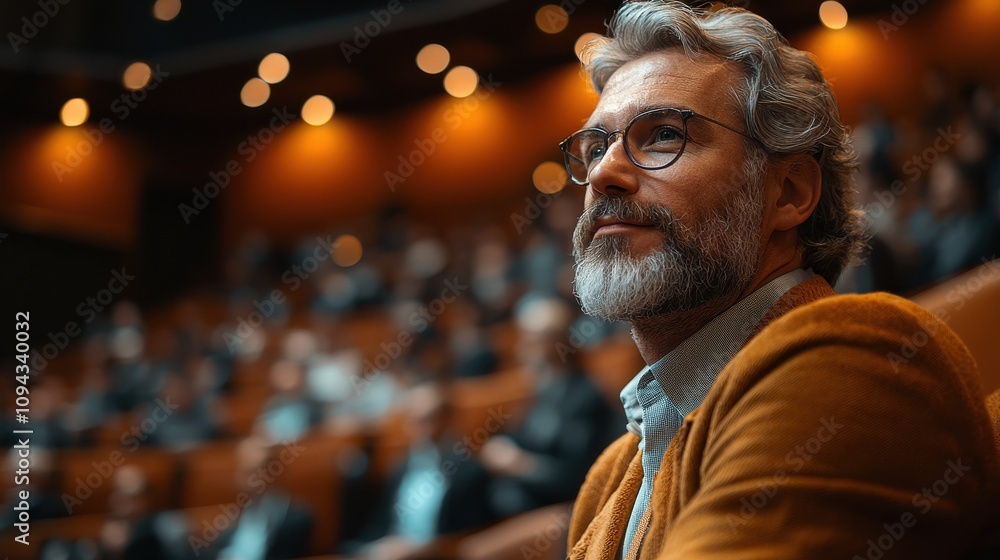 Poster attendee listens intently during a panel discussion at an event in a modern theater setting