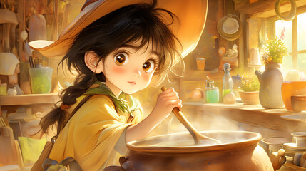 Young witch is stirring a magic potion in a cauldron in her rustic workshop bathed in warm sunlight