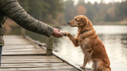 2410_013.heartwarming moment of trust between furry mixed-breed dog and person, paw-to-hand contact, rustic pier setting, panoramic nature view, muted color palette