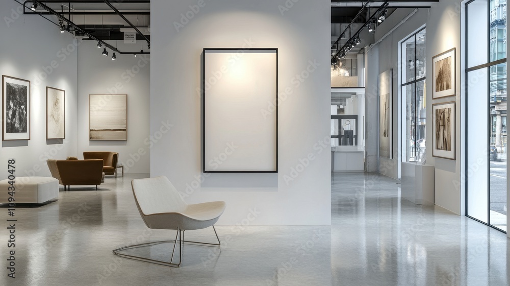 Poster a modern art gallery featuring minimalist design and empty frames.