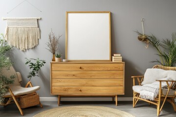 A cozy living room featuring a wooden dresser, plants, and comfortable seating.