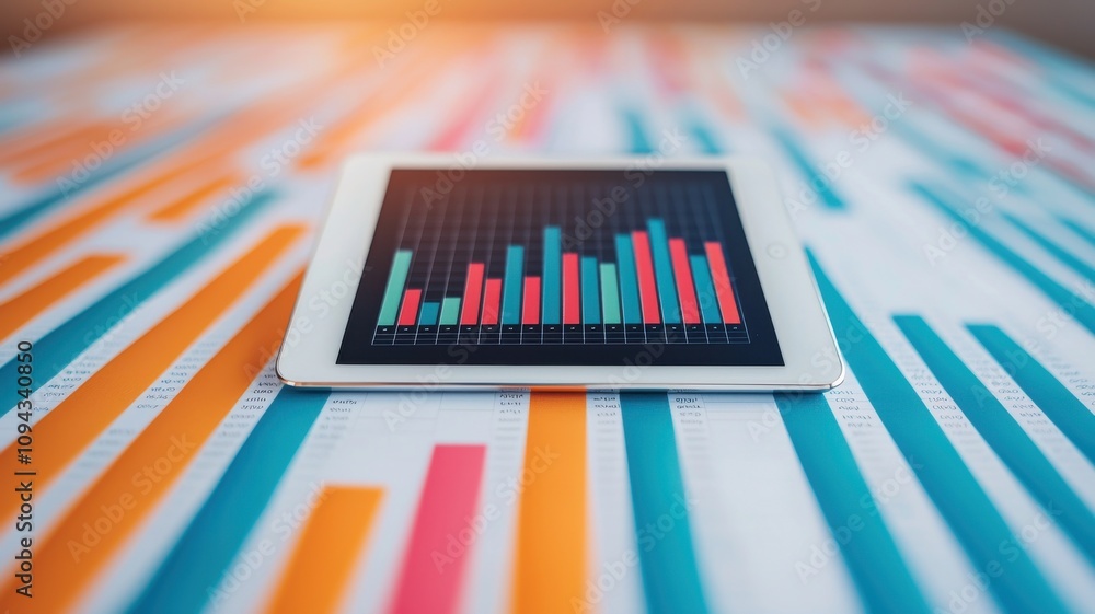 Poster consultant money organization concept. digital tablet displaying colorful data charts on a table