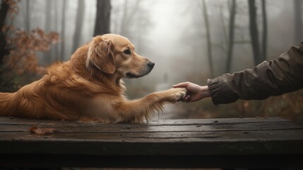 2410_015.poignant scene of canine-human bond, medium-sized dog with wavy coat extending paw, weathered wooden planks, misty forest backdrop, emotive wildlife photography style