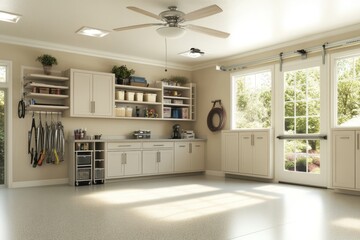 A clean, organized garage with storage cabinets and natural light.