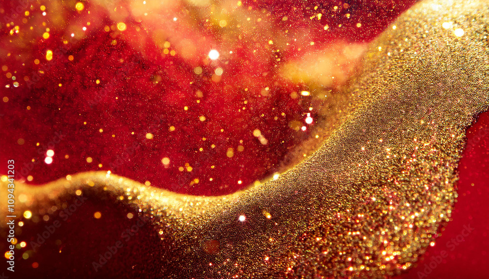 Poster amazing gold particles in red fluid. sparkling glittering dust particles stains and overflows. abstr