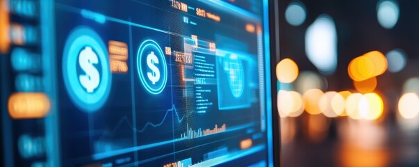 Consultant Money Organization concept. Digital interface displaying financial data and currency symbols