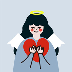 Happy angel girl holding red heart portrait. Culture, faith, religion, prayer, peace concepts. Flat vector character design isolated illustration.