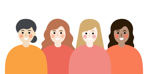 Group of multiracial woman. women with different skin color portrait. Women's day, community, diversity, support concepts. Flat people character vector design illustration isolated on background.