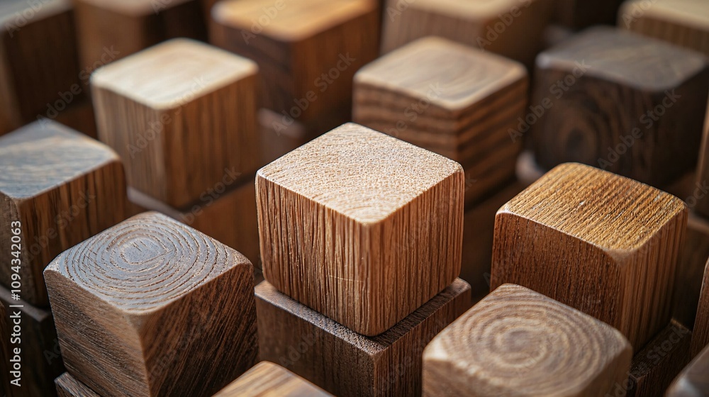 Poster a close-up view of textured wooden blocks arranged in a pattern, showcasing their natural grain and 