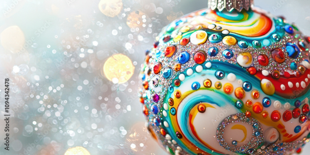 Poster a colorful ornament with a swirl design sits on a snowy background