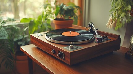 A vintage record player rests on a wooden table, surrounded by greenery, offering a nostalgic vibe in a cozy, sunlit setting.