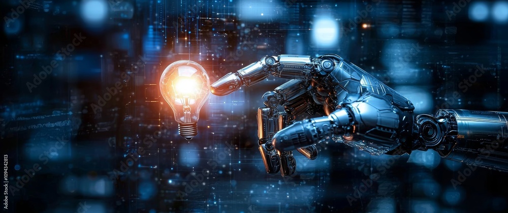 Poster robotic hand reaching for light bulb in cyberpunk technology scene with ai and machine learning inno