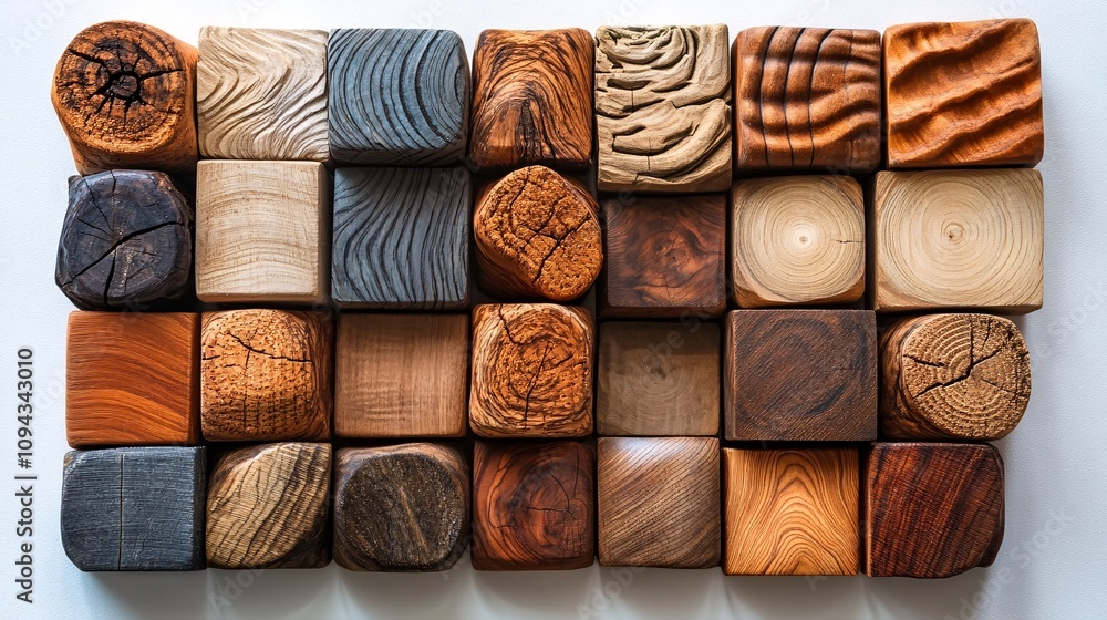 Poster a collection of wooden blocks showcasing diverse textures and patterns, arranged in a grid format, h