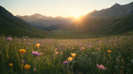 Fototapeta premium An extreme wide shot of a mountain valley at sunrise, with wildflowers in the foreground and the light gently spilling over the peaks, AI Generative.