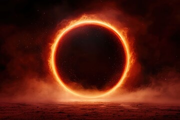 A mystical portal opening in the middle of a desert, with vibrant colors swirling within it as sand blows around