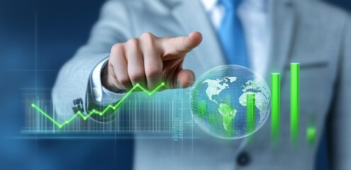 Businessman in Light Grey Suit Pointing at Virtual Growth Graph with Globe and Technology