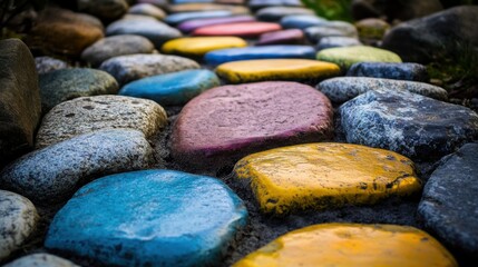 A spectrum of colored stones forming a path, Illustrating the journey of diverse experiences leading to a common goal, minimalist composition
