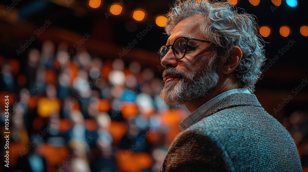 Poster audience member observes performance with interest in a lively theater setting during an evening eve